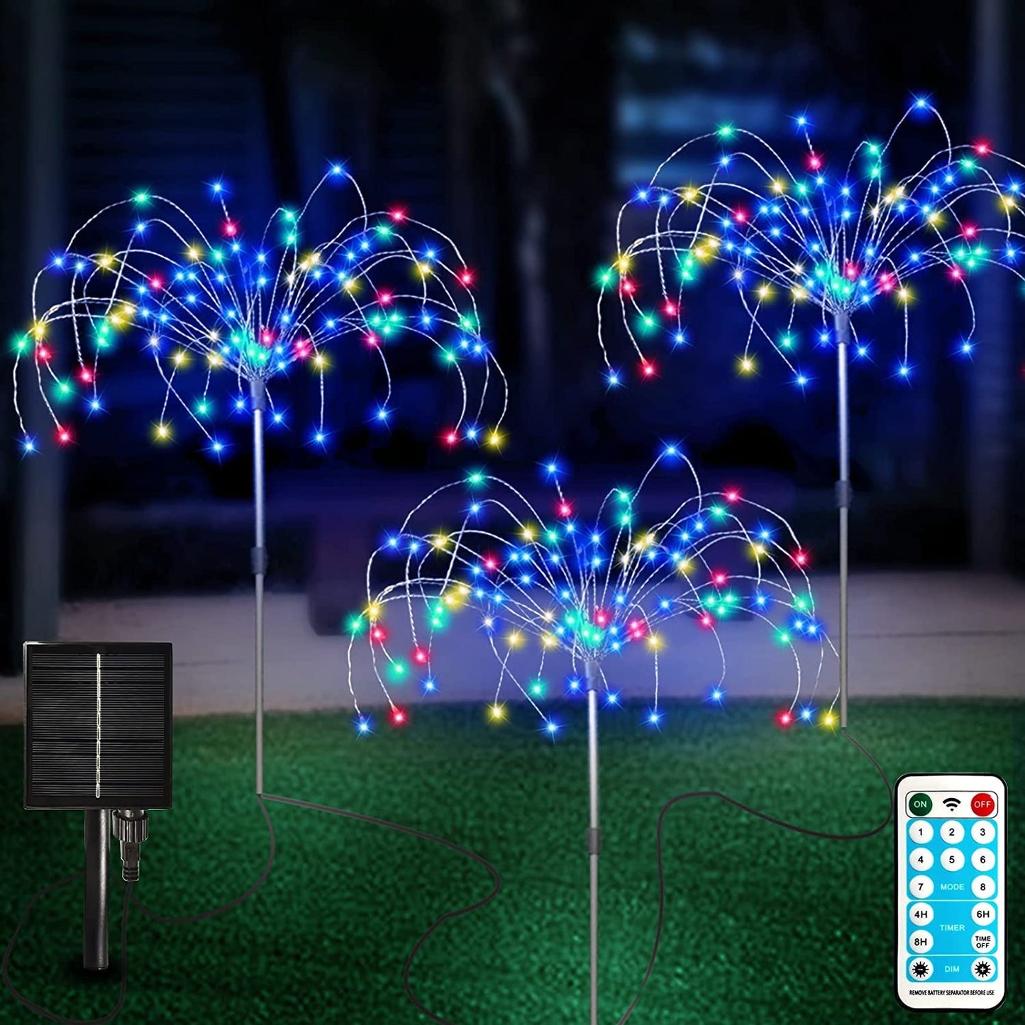 Solar Garden Lights Outdoor 3 Pcs Solar Fireworks Garden Lights Solar Lamp with Remote Control 8 Modes 120 LEDs Waterproof Outdoor Lamp Garden Lights Lawn Backyard Flower Boxes Pathway Multicolor