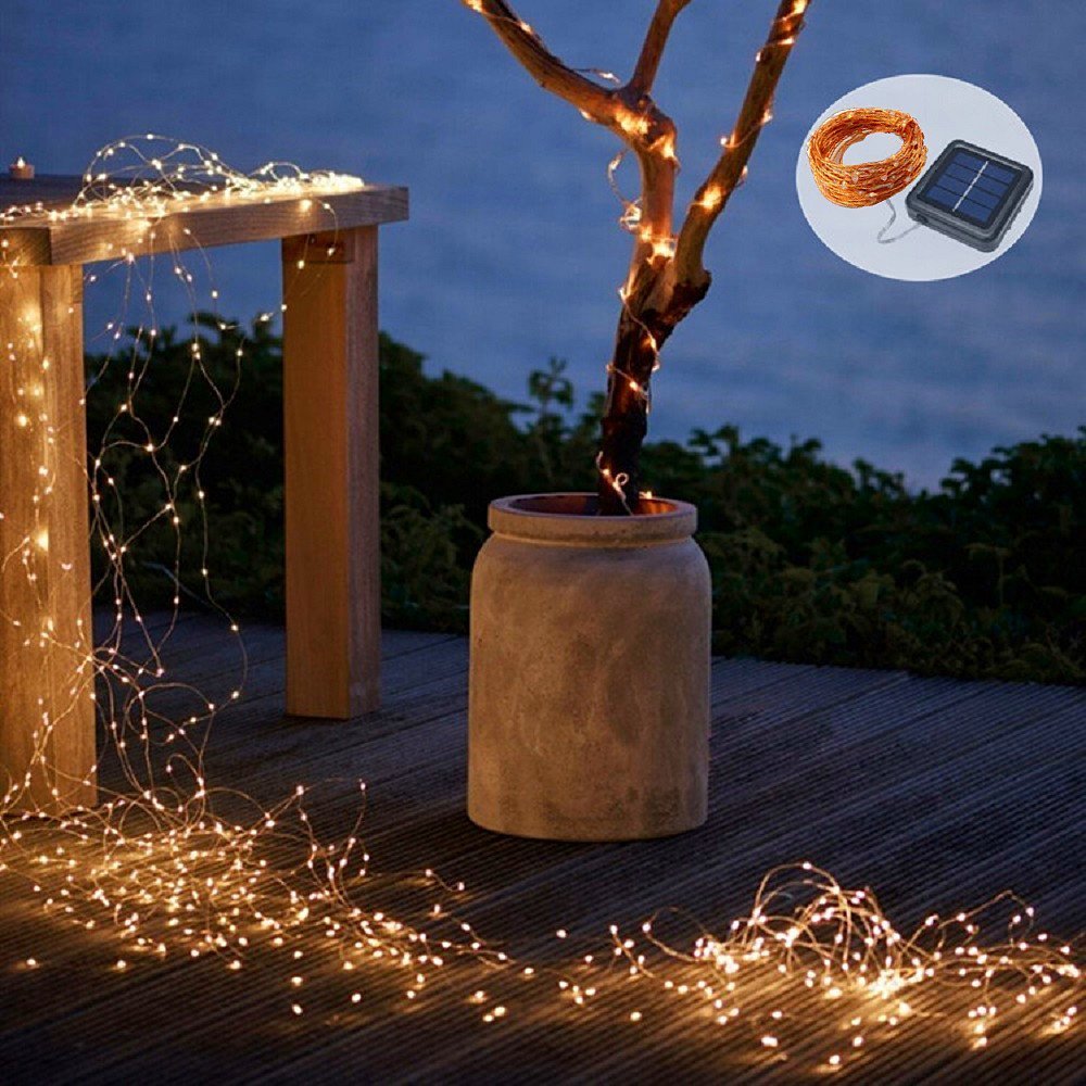 Solar String Lights, 2 Pack 100 LED Solar Fairy Lights 33 ft 8 Modes Copper Wire Lights Waterproof Outdoor String Lights for Garden Patio Gate Yard Party Wedding Indoor Bedroom (Warm White)
