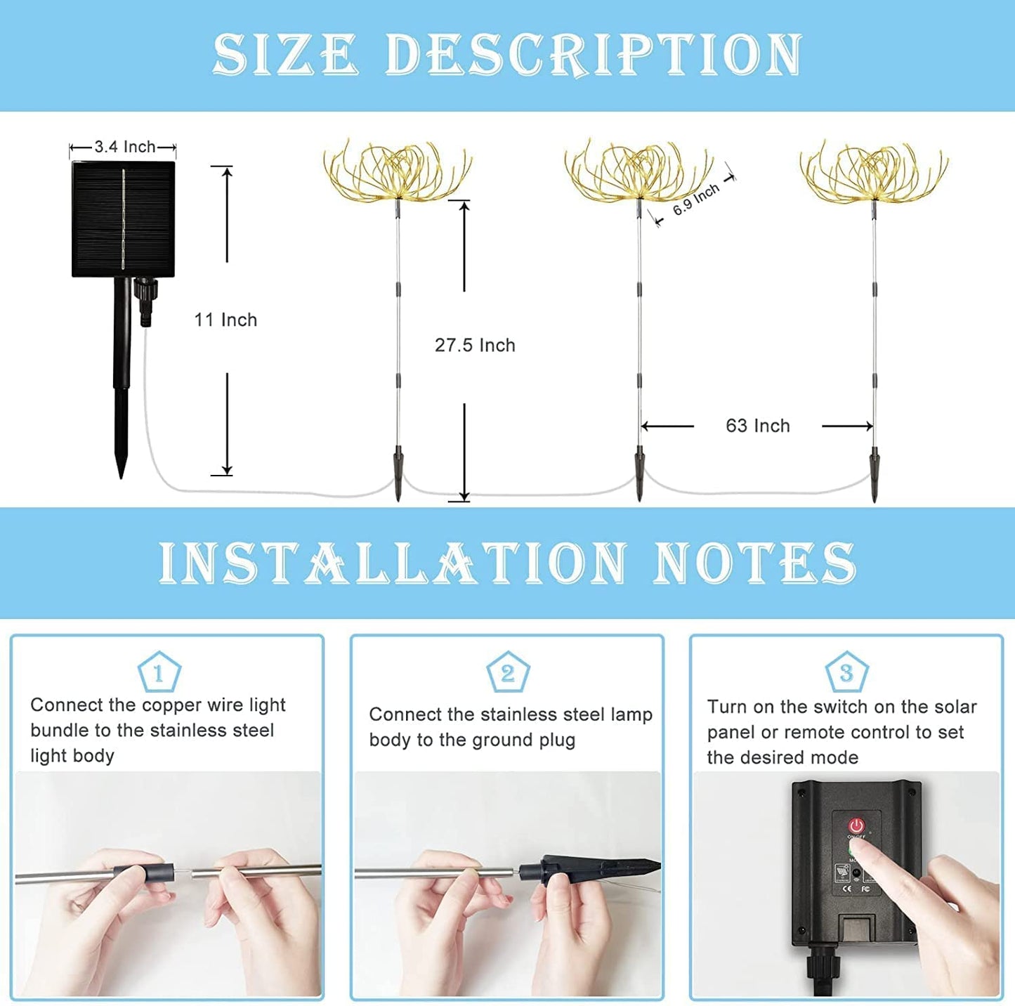 Solar Garden Lights Outdoor 3 Pcs Solar Fireworks Garden Lights Solar Lamp with Remote Control 8 Modes 120 LEDs Waterproof Outdoor Lamp Garden Lights Lawn Backyard Flower Boxes Pathway Multicolor