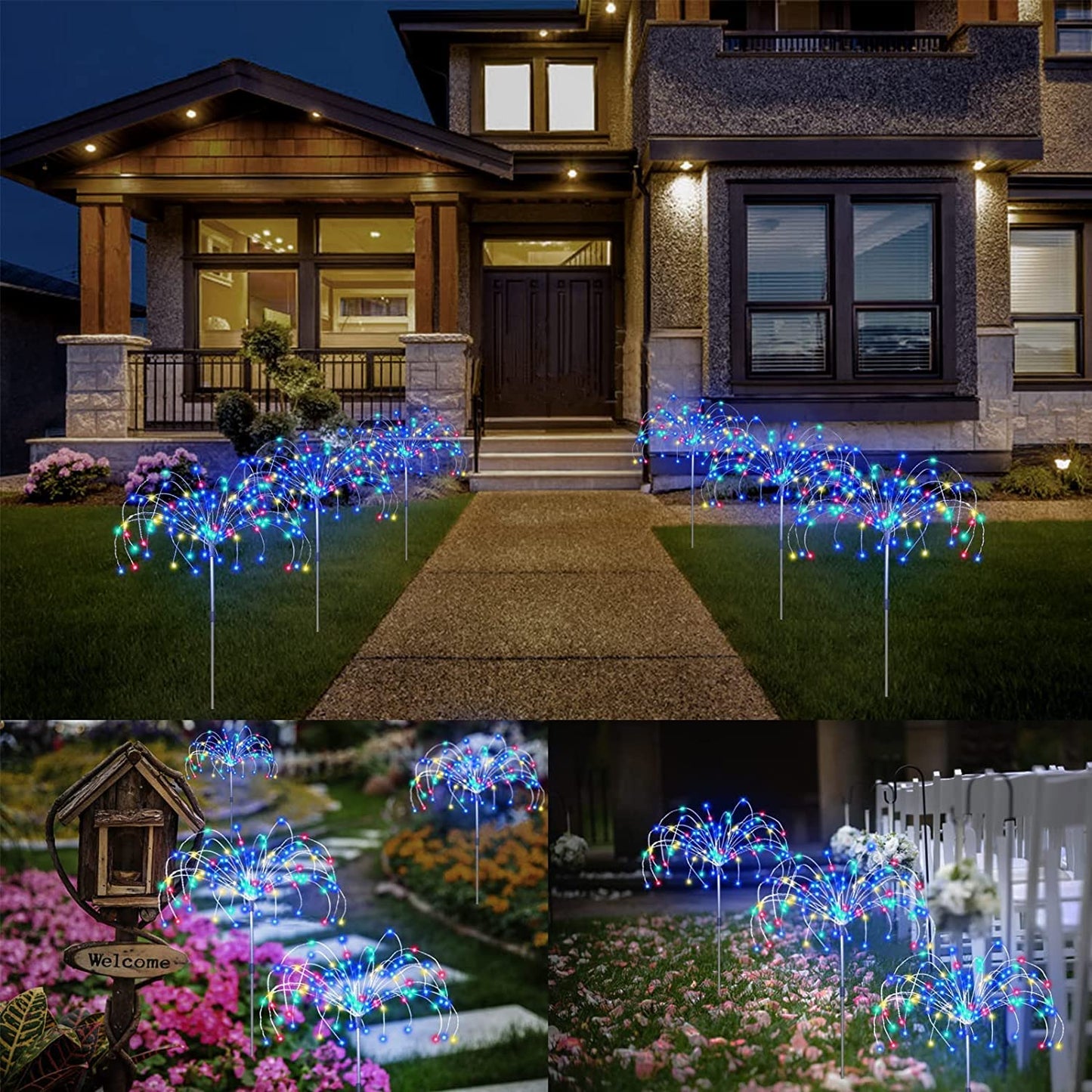 Solar Garden Lights Outdoor 3 Pcs Solar Fireworks Garden Lights Solar Lamp with Remote Control 8 Modes 120 LEDs Waterproof Outdoor Lamp Garden Lights Lawn Backyard Flower Boxes Pathway Multicolor