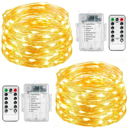 Fairy String Lights, 2 Set 33ft 100 Led Fairy Lights Battery Operated Copper Wire Lights with Remote Control, 8 Mode Waterproof Lights for Home Garden Bedroom Centerpiece Wedding Party (Warm white)