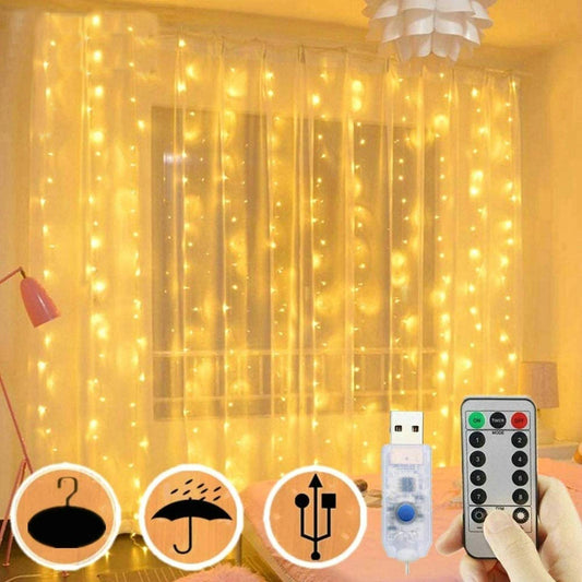 300 LED Curtain Lights, USB Window Lights, 3m x 3m 8 Modes Remote Control Fairy Light Waterproof LED Copper String Lights for Outdoor Indoor Wedding Party Garden Bedroom Decoration, Warm White