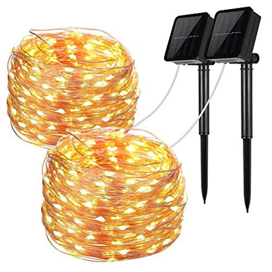 Solar String Lights, 2 Pack 100 LED Solar Fairy Lights 33 ft 8 Modes Copper Wire Lights Waterproof Outdoor String Lights for Garden Patio Gate Yard Party Wedding Indoor Bedroom (Warm White)
