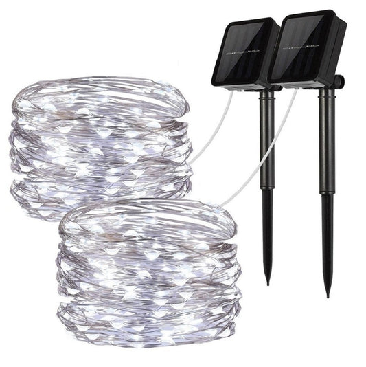 Solar String Lights, 2 Pack 100 LED Solar Fairy Lights 33 ft 8 Modes Copper Wire Lights Waterproof Outdoor String Lights for Garden Patio Gate Yard Party Wedding Indoor Bedroom (Cool White)