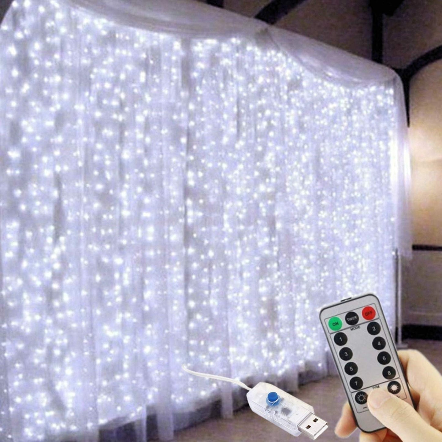 FANSIR 300 LED Curtain Lights, USB Window Lights, 3m x 3m 8 Modes Remote Control Fairy Light Waterproof LED Copper String Lights for Outdoor Indoor Wedding Party Garden Bedroom Decoration, Cool White
