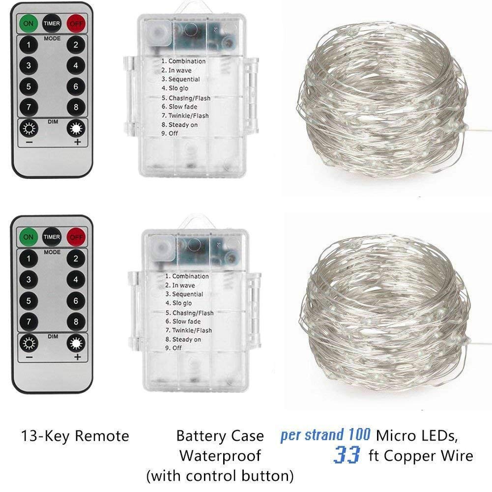 Fairy String Lights, 2 Set 33ft 100 Led Fairy Lights Battery Operated Silver Wire Lights with Remote Control, 8 Mode Waterproof Lights for Home Garden Bedroom Centerpiece Wedding Party (Cool White)