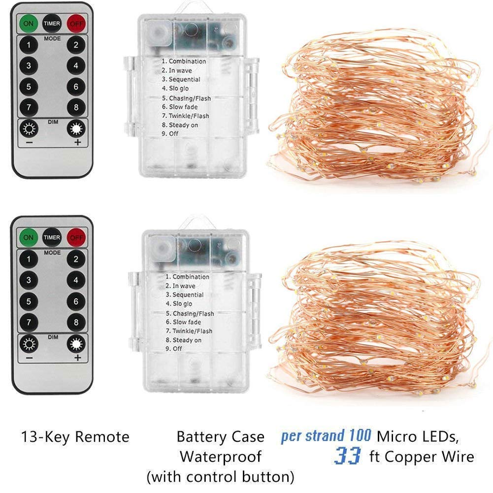 Fairy String Lights, 2 Set 33ft 100 Led Fairy Lights Battery Operated Copper Wire Lights with Remote Control, 8 Mode Waterproof Lights for Home Garden Bedroom Centerpiece Wedding Party (Warm white)