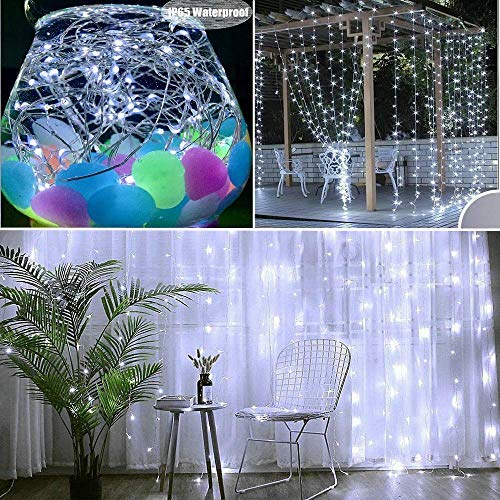 FANSIR 300 LED Curtain Lights, USB Window Lights, 3m x 3m 8 Modes Remote Control Fairy Light Waterproof LED Copper String Lights for Outdoor Indoor Wedding Party Garden Bedroom Decoration, Cool White